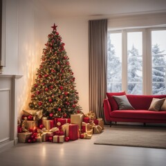 A cozy, luxurious, and modern living room interior with gift boxes under a decorated Christmas tree