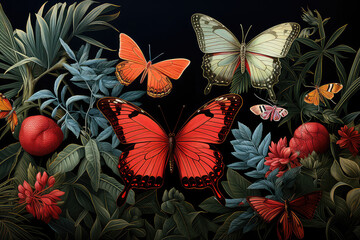 obraz ukazujacy kolorowe motyle na ciemnym tle w sód kwiatów