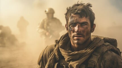 combat veteran in a sandstorm - obrazy, fototapety, plakaty