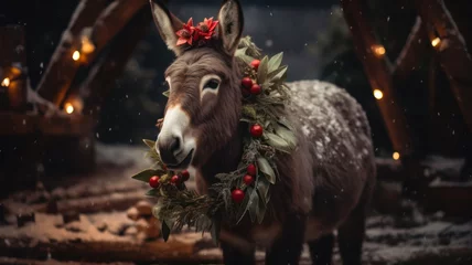 Deurstickers Festive Equestrian: Red-Hat Donkey in Christmas Season with Adorable Elk Decoration © Generative Professor