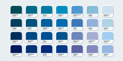 Blue Color Guide Palette with Color Names. Catalog Samples Blue with RGB HEX. Neomorphism Vector