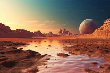 Landscape of water on Mars, scenic desert scene on the red planet (3D illustration). Generative AI