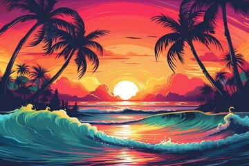 Fototapeta na wymiar Colorful and vibrant sunset view of a landscape with palm trees and an 80's retro design ocean wave. Generative AI