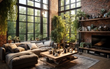A living room with height ceiling. Loft with lots of plants, brick walls, eastern motives