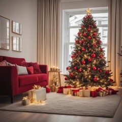 A cozy, luxurious, and modern living room interior with gift boxes under a decorated Christmas tree