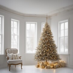 A cozy, luxurious, and modern living room interior with gift boxes under a decorated Christmas tree