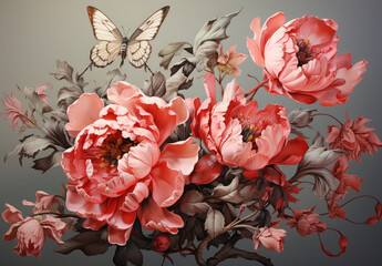 Akrylowe kwiaty i motyle przedstawiona na akrylowym obrazie. 
