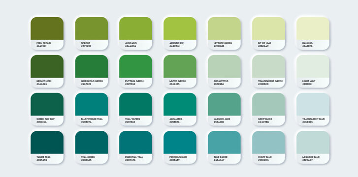 Green Color Guide Palette with Color Names. Catalog Samples Green with RGB HEX. Neomorphism Vector