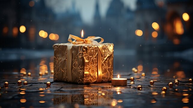 A beautifully wrapped Christmas gift with a defocused background featuring holy leaves, creating a festive and spiritual ambiance