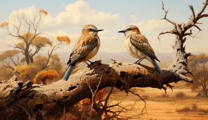 dwa kolorowe ptaki siedzące na gałęzi na błekitnym tle
