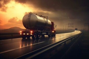 A speedy gasoline tanker truck hauling an oil trailer on a highway. Generative AI - obrazy, fototapety, plakaty