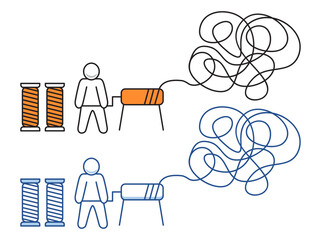 Man unravel the tangle of problems. Solves problems.Psychotherapy concept. Psychologist unravels tangled tangle untangled. Solving messy issue.Confusion or business trouble.Doodle little people. 