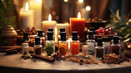 Obraz na płótnie Canvas Christmas Aromatherapy: Bottles of Essential Oil Blend with Frankincense, Myrrh, Wintergreen, and Spices for a Festive Winter Holiday Season