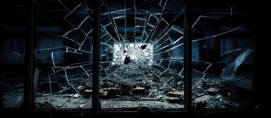 Obraz premium Broken glass in dark room of deserted building with open window in daylight