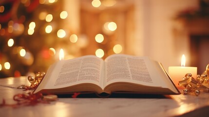 Christmas Bible with Blurred Candle Light Background: Celebrating the Birth of Jesus Christ with Faith and Holy Light