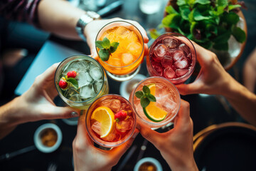 Top-View Shot of friends toasting colorful cocktails on a vibrant terrace	
 - obrazy, fototapety, plakaty