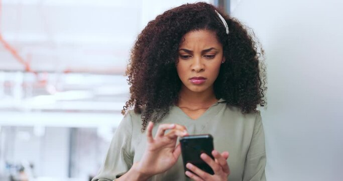 Sad, reading communication and black woman on mobile app, email and website with phone in an office. Frustrated, confused and business woman with a glitch on a mobile, internet stress and scam
