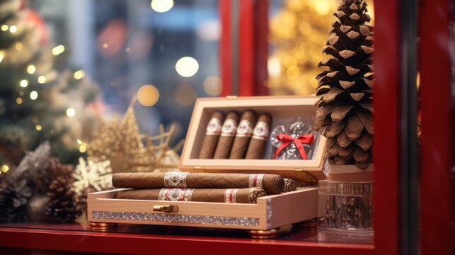 Christmas Cigar Gift Ideas: Wooden Box and Nutcracker Displayed in Festive Shop Window