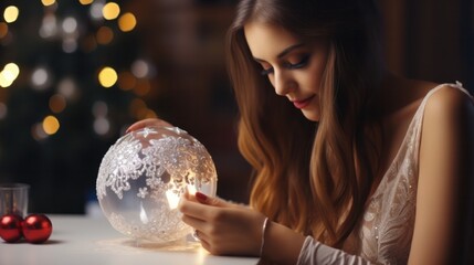 Naklejka premium Colorful Handmade Christmas Ornaments: Girl Decorating Sequin Balls with Crafty Creativity
