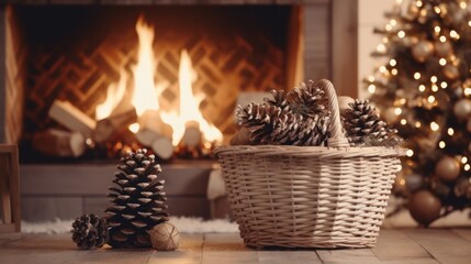Cozy Christmas Farmhouse: Modern Rustic Decor with Stylish Wicker Basket, Wooden Trees, and Pine Cones by a Burning Fireplace