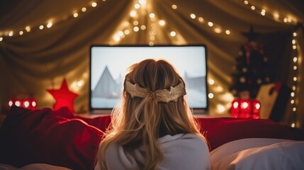 Cozy Christmas Movie Night: Blonde Woman with Red Bow in Solo Camping Bed Watching Holiday Films on Laptop with Glowing Lights Garland