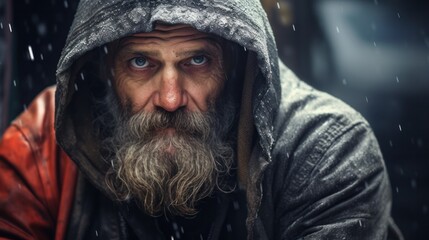 Disheveled Homeless Adult Begging with Dirty Box and Alcoholic Features on Christmas Day - obrazy, fototapety, plakaty