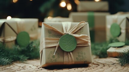Eco-Friendly Christmas Gift Wrap with Recycled Paper and Green Tags Featuring Organic and Natural Elements