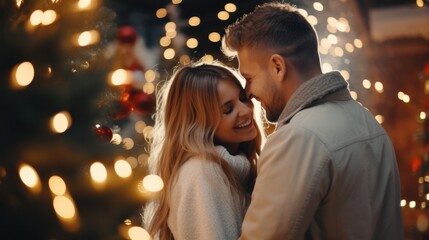Obraz na płótnie Canvas Outdoor Christmas Photo: A heartwarming shot of a delightful duo reveling in a cozy Yuletide night, surrounded by twinkling string lights and