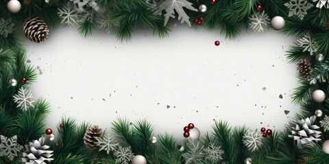 Fototapeta na wymiar Festive Alpha Bokeh Border: Verdant Christmas Frame Featuring Fir Branches and Forest Decorations