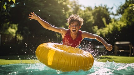 Man jumping into outdoor pool with inflatable pool toy - obrazy, fototapety, plakaty