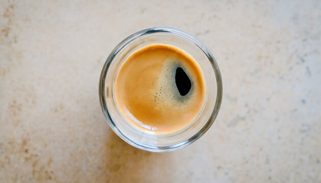 A glass of espresso on light colour table top. Close up overhead view.
