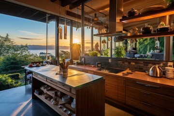 Kitchen with bar countertop, kitchenware, and panoramic window. Generative AI