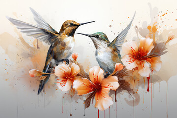 sztuka komputerowa w postaci obrazu, ukazująca dwa latające kolorowe kolibry przy gałęziach kwitnących drzew