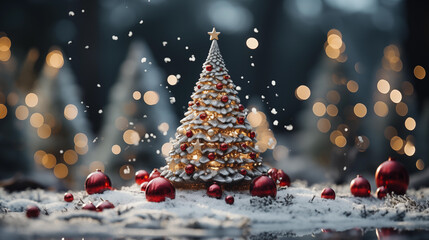 a Christmas tree with blurry background with red Ornaments, Christmas vibrance
