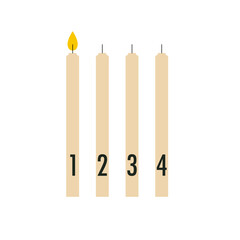 Four Advent candles with numbers. One candle lit for first Sunday before Christmas. Advent season vector illustration. Flat trendy abstract style, isolated. Scandinavian design.