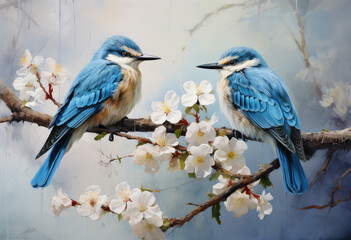 Dwa niebieskie ptaki siedzące na gałęzi. Piękna sztuka namalowana akwarelą. 