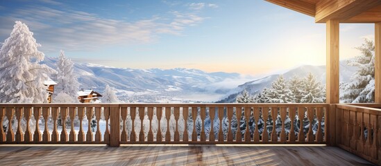 Wooden balcony with winter landscape views in a country house - obrazy, fototapety, plakaty