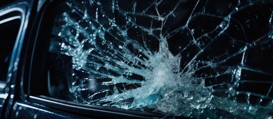 Car window was broken by thieves to steal items inside leaving shattered glass on car seats - obrazy, fototapety, plakaty