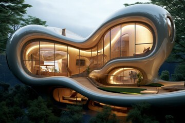 An innovative pod-like home with fluid and natural shapes. Generative AI