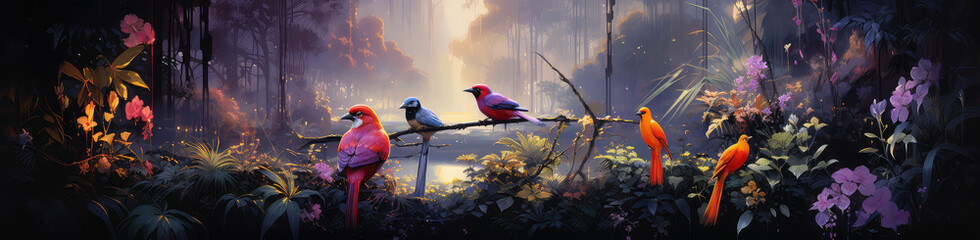 Tropikalny krajobraz przedstawiający dwa ptaki siedzące na kwitnących gałęziach tropikalnego lasu  - obrazy, fototapety, plakaty