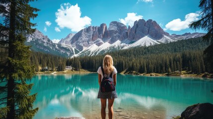 Fototapeta na wymiar Young Caucasian woman standing and looking at Lago