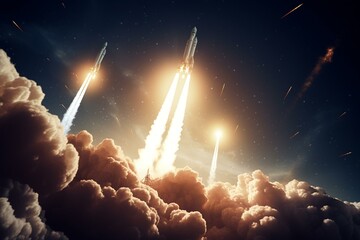 Rockets ascend above brilliant stars, symbolizing space exploration. Imagery sourced from NASA. Generative AI - obrazy, fototapety, plakaty