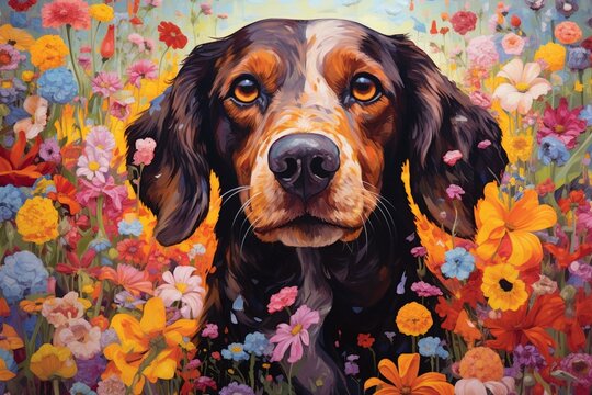 Detailed image of a dog amidst blooming flowers. Generative AI