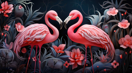Swa różowe zakochane flamingi stojące w tropikalnym lesie.  - obrazy, fototapety, plakaty
