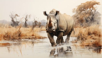 Akwarela przedstawiająca nosorożca na sawannie. 