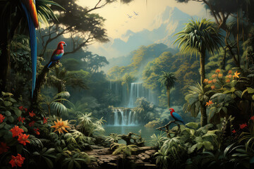 Las tropikalny przy wodospacie i latające egzotyczne ptaki. 