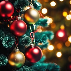 Fototapeta premium Close-UP of Christmas Tree, Red and Golden Ornaments against a Defocused Lights Background