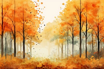 Naklejka na ściany i meble Illustration of autumn forest with watercolor technique as background wallpaper. Generative AI