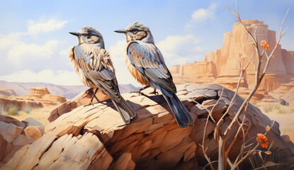 Dwa ptaki siedzą na kłodzie z kanionem i piaszczystymi górami w tle.  