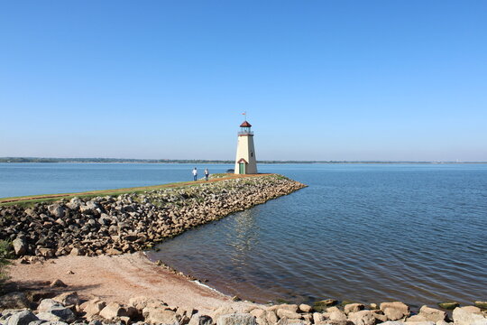 Oklahoma City, Oklahoma, USA; October 23 2023: Lake Hefner the Lighthouse at East Wharf constructed in 1999.